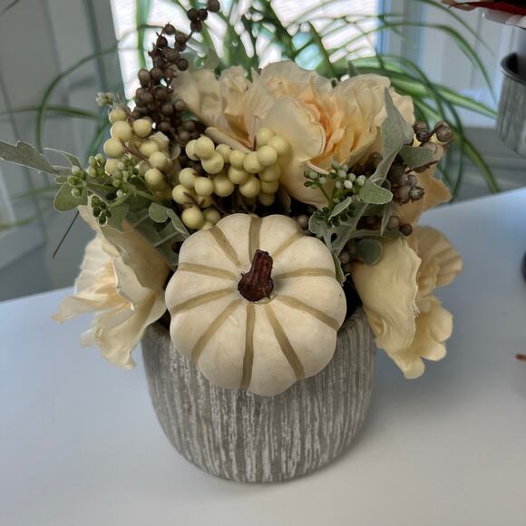 Farmhouse Fall Festive Floral Pumpkin Arrangement in Gray Pot Table Decor - Picture 1 of 7
